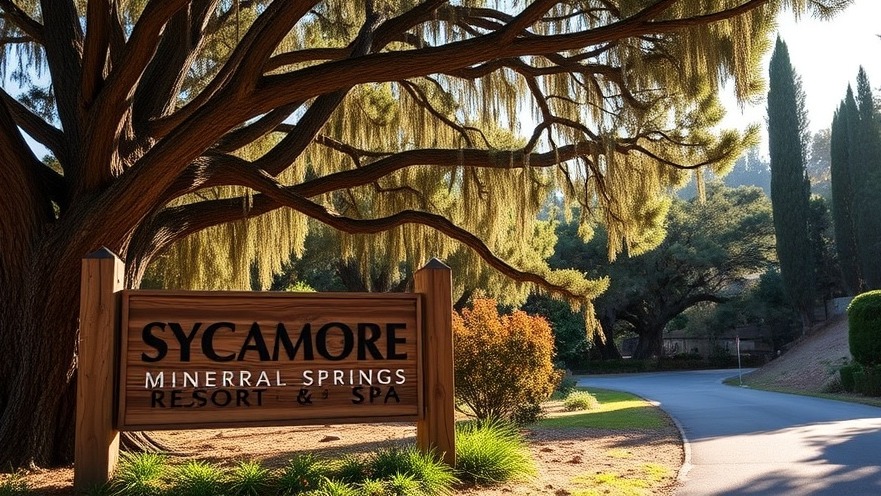 Rustic sign for Sycamore Mineral Springs Resort & Spa under eucalyptus trees.
