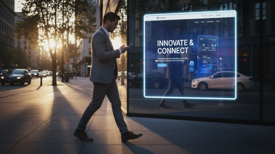 Missed spa marketing connection as a passerby overlooks glowing promotion.