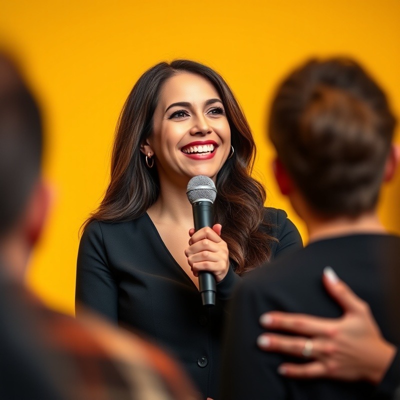 Confident female speaker demonstrating storytelling strategies with microphone.