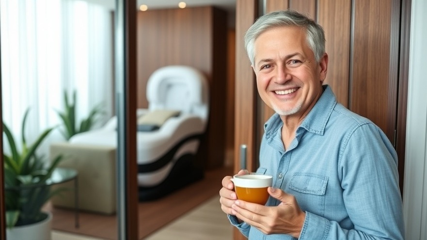 Smiling guest with tea exits wellness studio, robotic massage station in view.