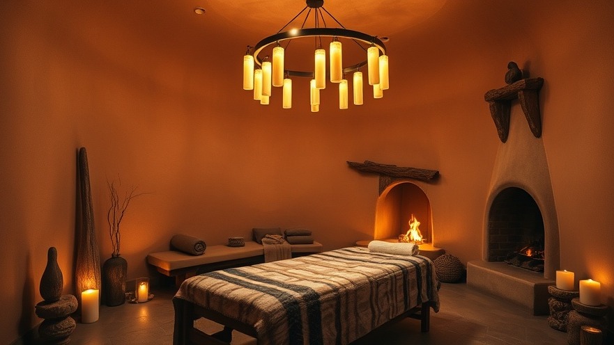 Luxurious adobe spa treatment room with warm lighting and kiva fireplace.