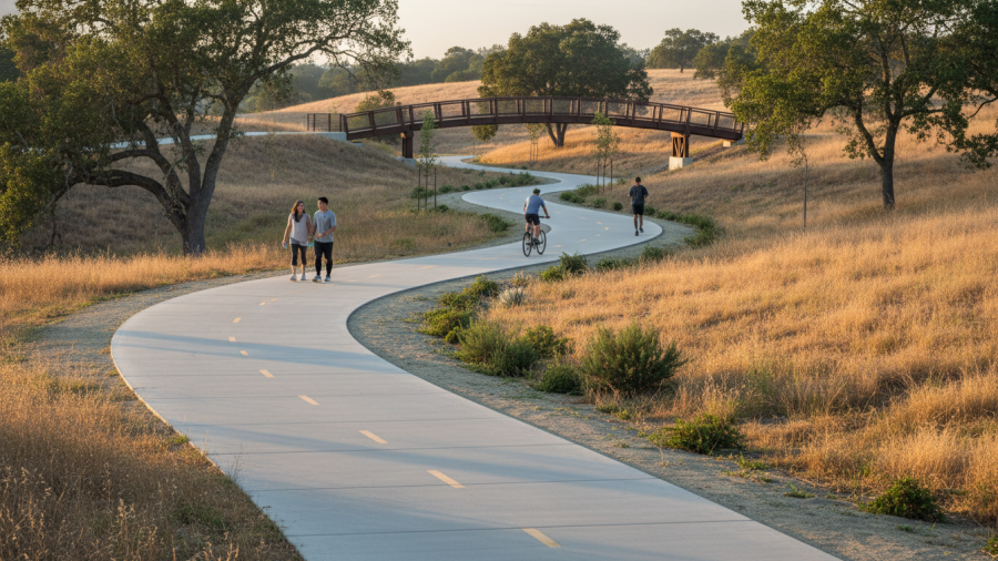 Scenic Johnny Cash Trail in Folsom, featuring paved paths and serene landscapes.