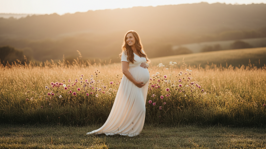 Pregnant woman glowing with joy, celebrating motherhood.