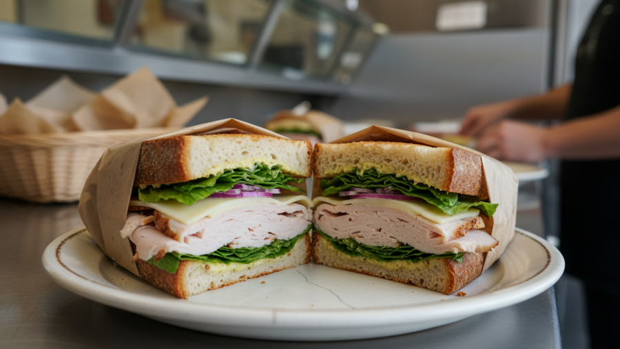 Realistic deli sandwich on a plate, showcasing layers of meat and cheese.