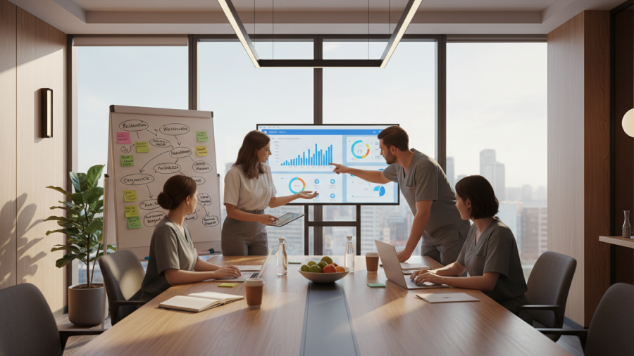 Spa staff brainstorming marketing ideas with tech strategies in a modern meeting room.