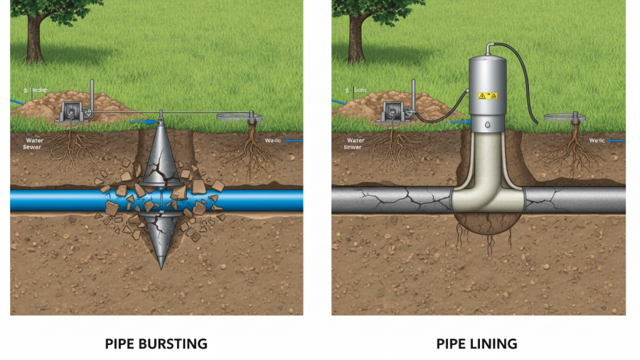 Comparison of pipe bursting vs pipe lining for trenchless sewer repair under lawn