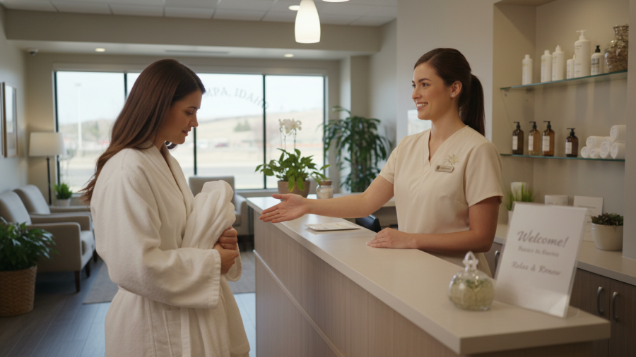 Friendly spa receptionist welcoming a nervous guest for their first day spa visit in Nampa, Idaho.