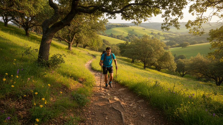 Hiker ascending a narrow trail in Auburn State Recreation Area showing effort and elevation gain.