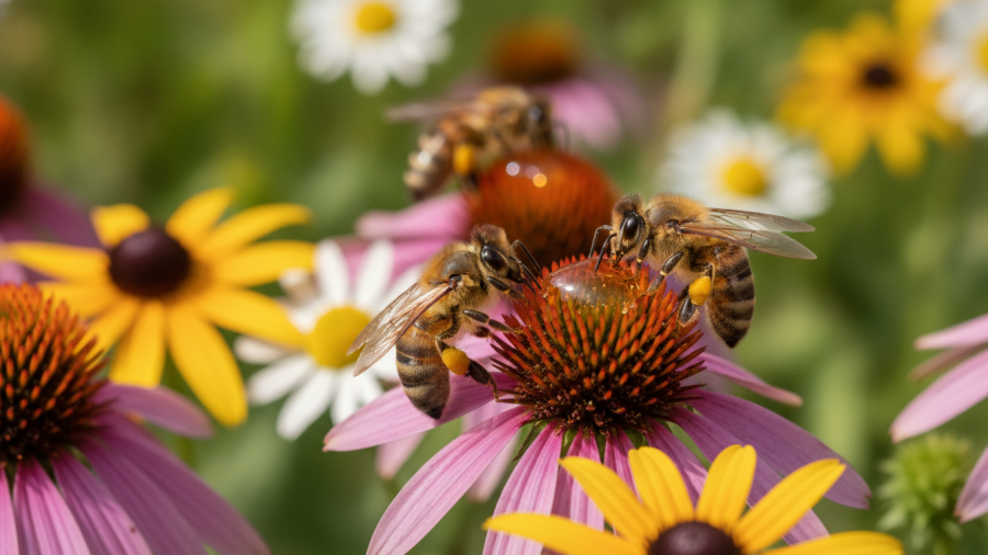 Honey bees enjoying local wildflowers and producing natural honey.