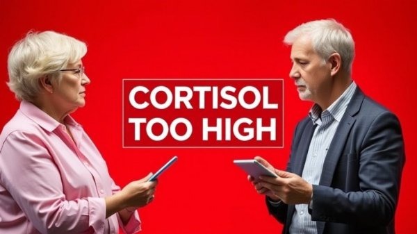 Two older adults standing together and looking at each other while holding tablets, with a sign in the background that reads “cortisol too high.”