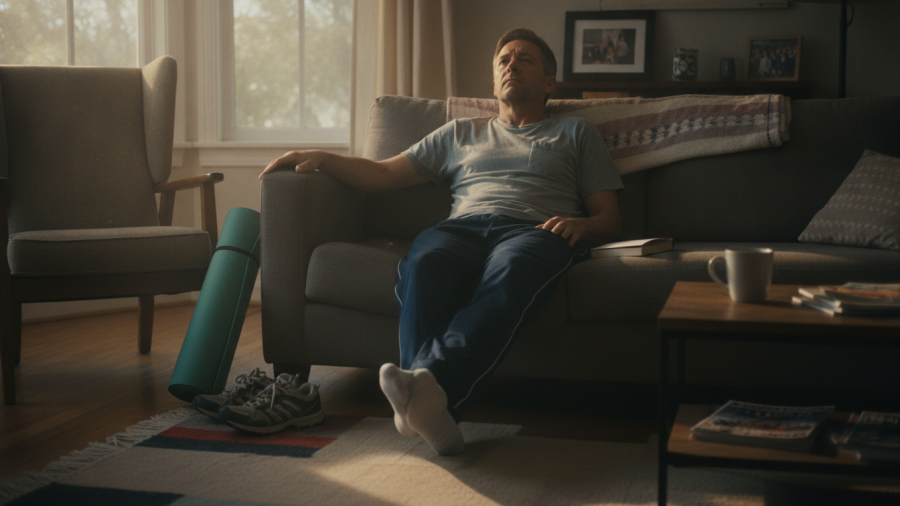 A man contemplating wellness fatigue while resting in a cozy living room.