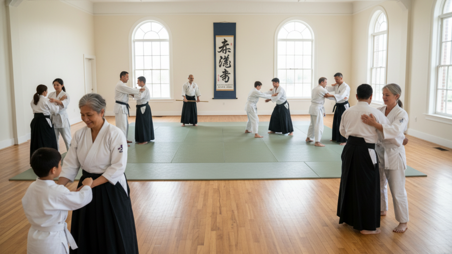 Diverse group practicing aikido at Sacramento dojo, all ages training together.
