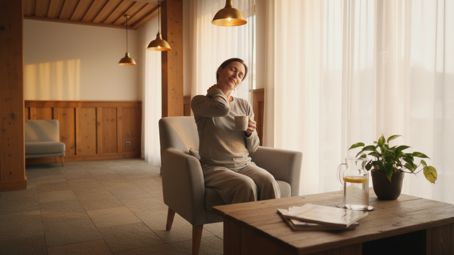 A relaxed spa guest enjoys tea post-massage, showcasing comfort and calmness.