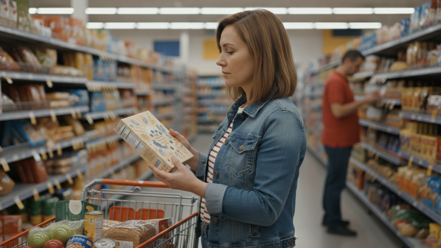 A woman in a Sacramento supermarket inspects a healthy-looking snack label.