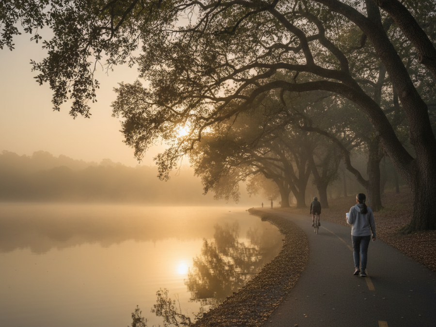 Misty morning at Lake Natoma with cyclist and walker amidst tranquil waters.