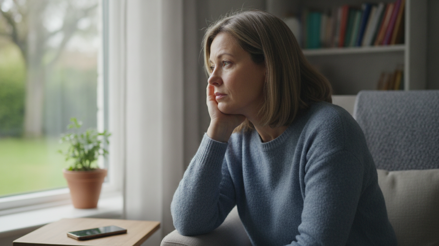 Middle-aged woman reflecting thoughtfully by a window on mindfulness attitudes.