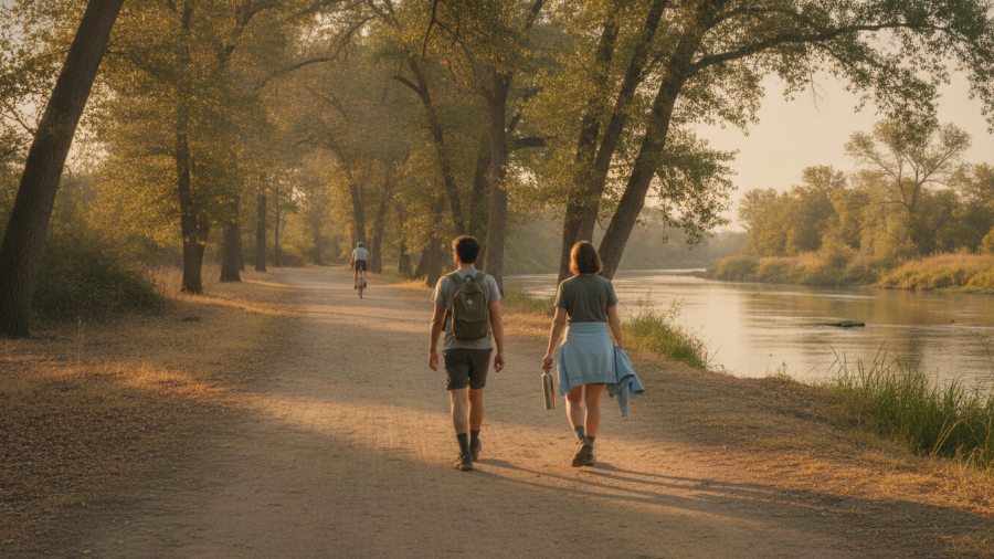 A quiet late-afternoon scene beside the American River near Sacramento. Two adults walk away from the camera along a riverside path after spending the afternoon outdoors. One carries a small daypack while the other carries a reusable water bottle and a light jacket.