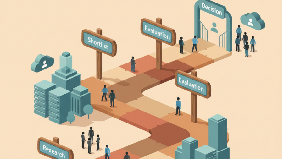 Business landscape path showing B2B buyer journey with signposts and avatars.