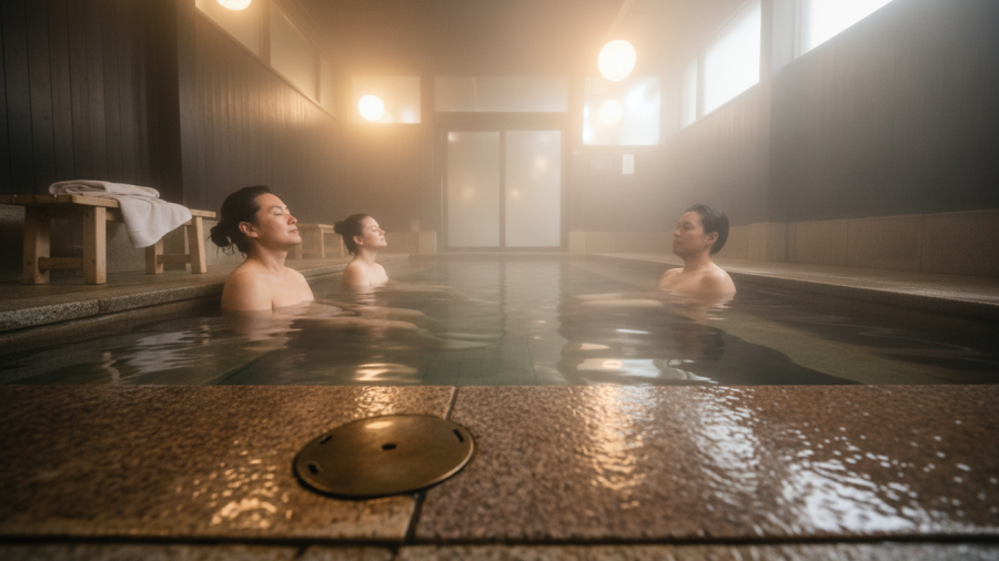 Guests enjoying a serene bathhouse spa experience with warm lighting and steam.