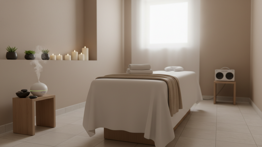 Calm spa treatment room showcasing neutral tones and a generic relaxing atmosphere.
