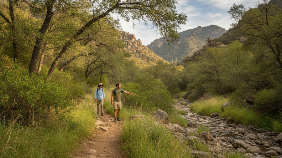 Two hikers walking the lower Homestead Trail beneath oak trees at Stebbins Cold Canyon Reserve