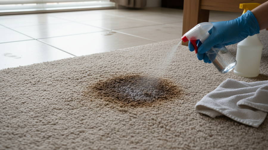 Close-up of a stained carpet requiring specialized treatment in Sacramento, highlighting cleaning costs.