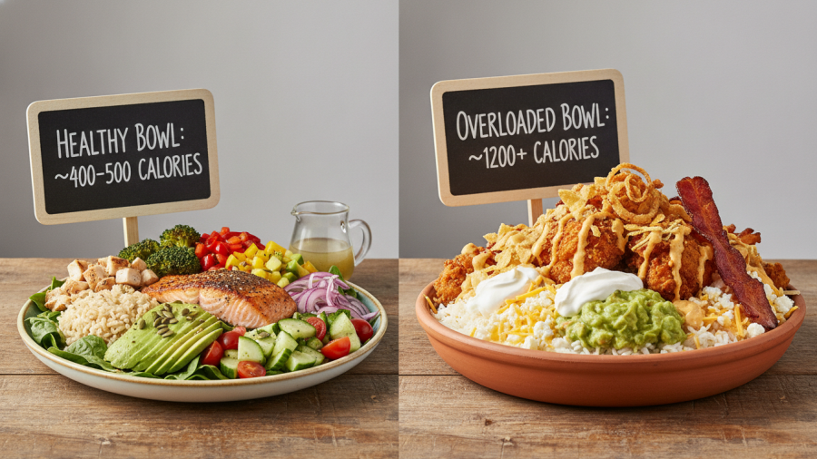 Comparison of healthy vs overloaded build your own bowls and hidden calories.