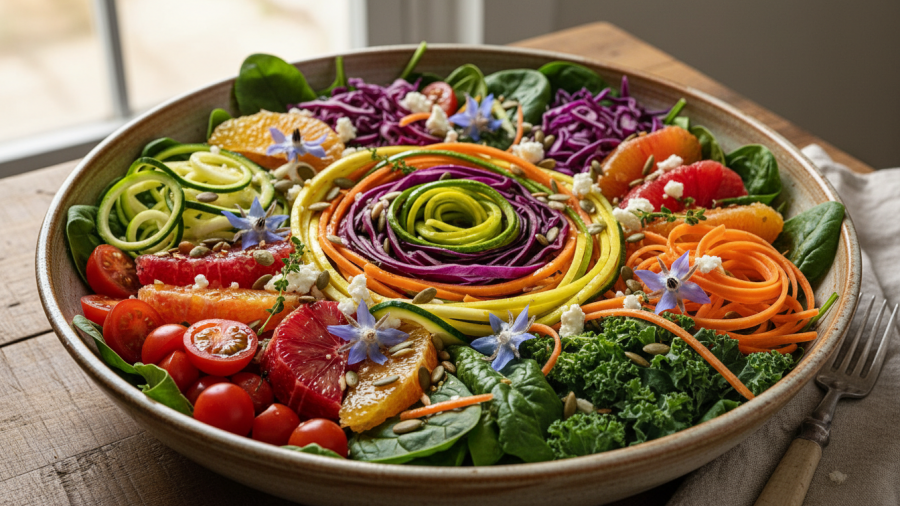 Vibrant colorful fruits and vegetables promoting health benefits and a rainbow diet.