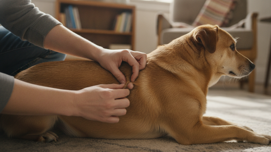 Owner gently examining a dog's lump, exploring signs of cyst or tumor.