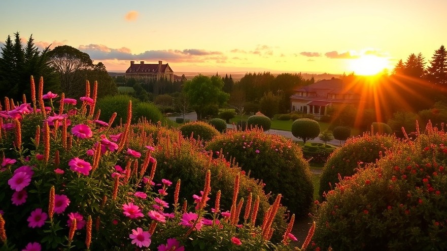 Breathtaking view of Stanford Inn's organic gardens at golden hour with vibrant flowers.