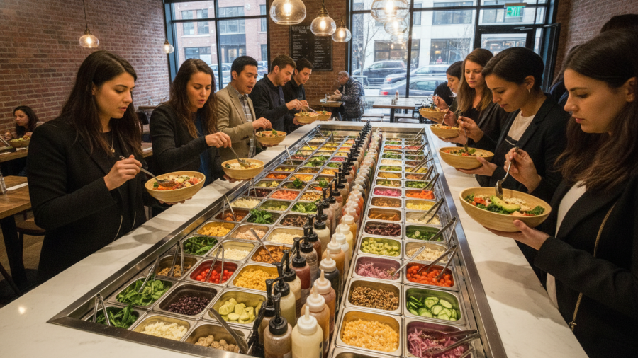 Customers creating their own healthy build your own bowls at a food bowl restaurant.