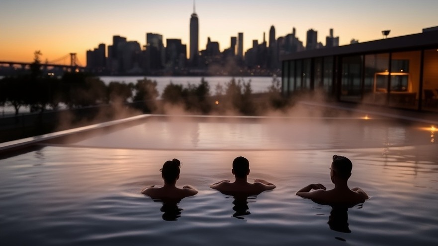 Relaxing guests in thermal pool at QC NY Spa with Manhattan skyline at twilight.