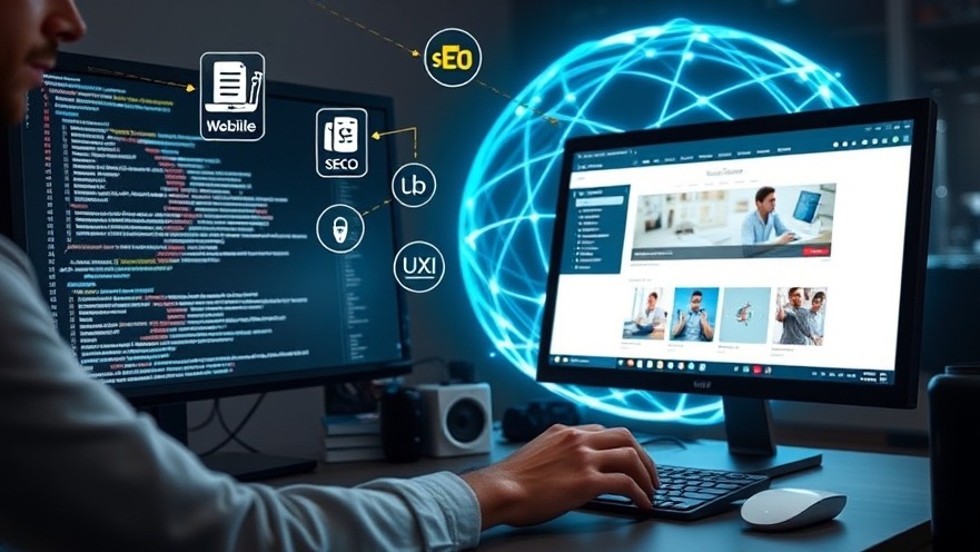 Web developer coding with dual monitors, showcasing modern website design and global connectivity.