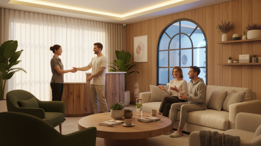 Welcoming wellness lounge promoting cryotherapy in Sacramento with friendly staff and relaxed clients.