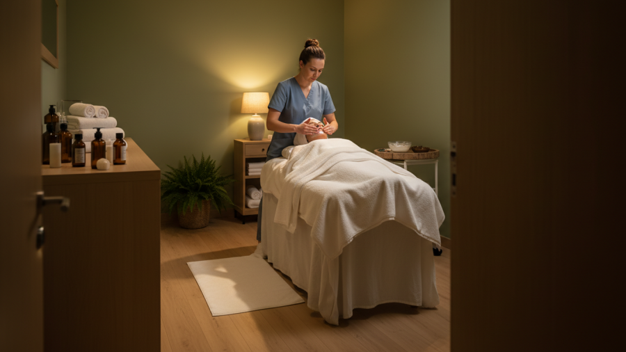 Relaxing facial session in an eco-friendly wellness sanctuary spa.