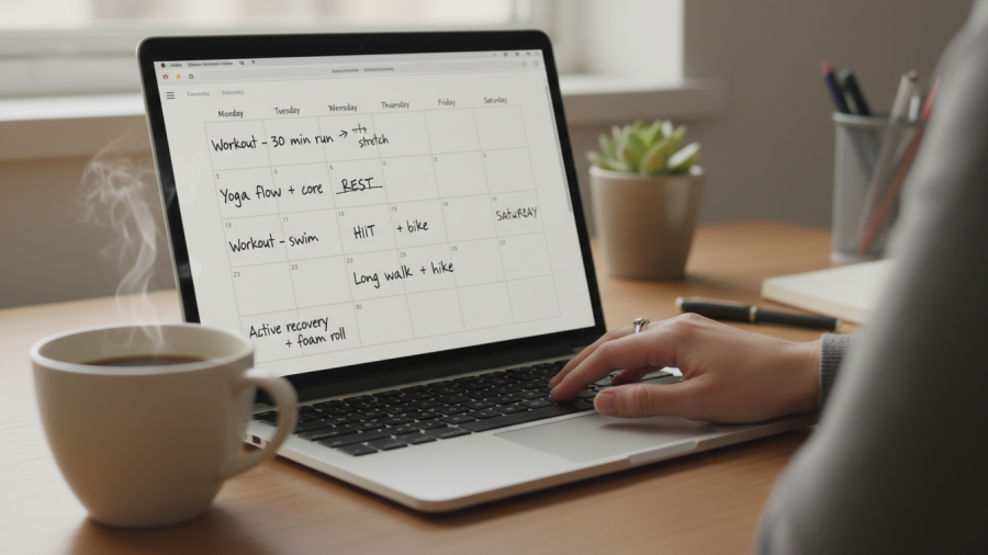 Handwritten workout reminders in a weekly planner for bodyweight exercises.