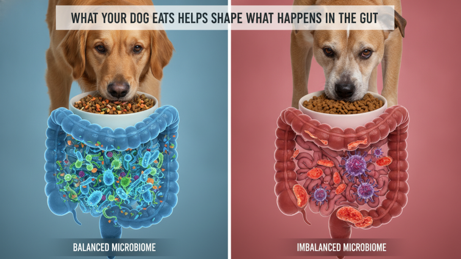 Two dogs eating nutritious food for optimal gut health after antibiotics.
