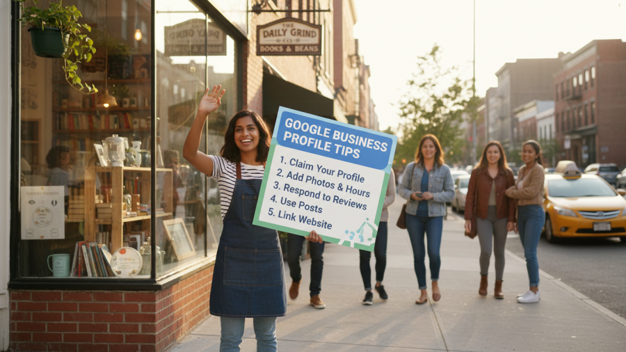 Small business owner waving outside storefront, showcasing Google Business Profile tips urban street