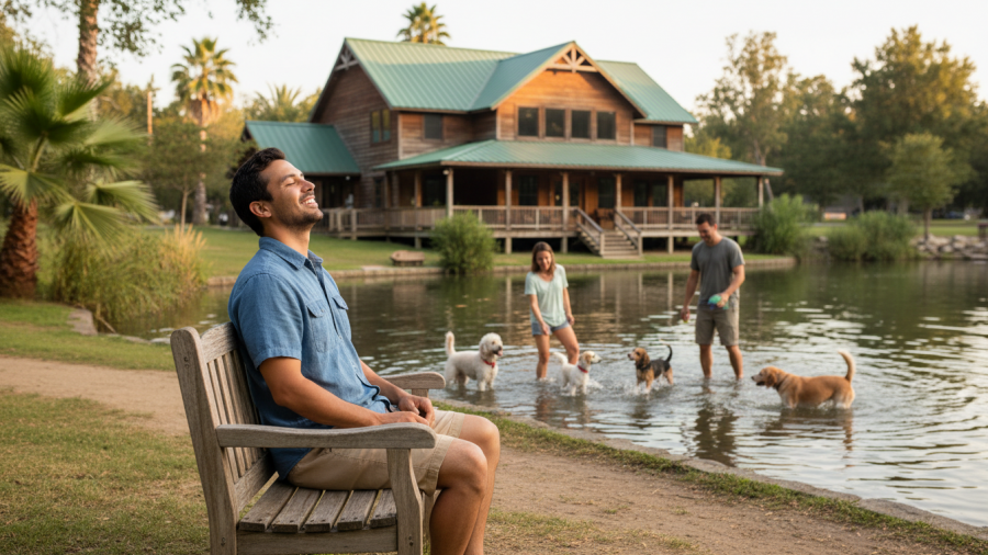 Smiling man by a lake near a family-owned pet spa in Sacramento.
