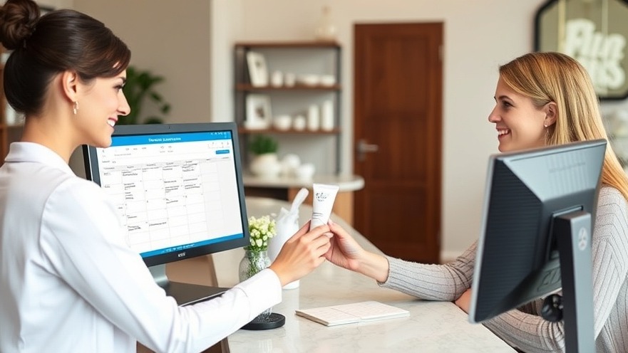 Spa receptionist assists guest with appointments and product samples.