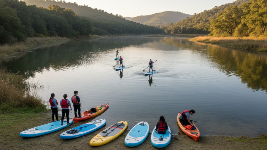 Beginner paddleboarders at Willow Creek Recreational Area, calm Lake Natoma waters.