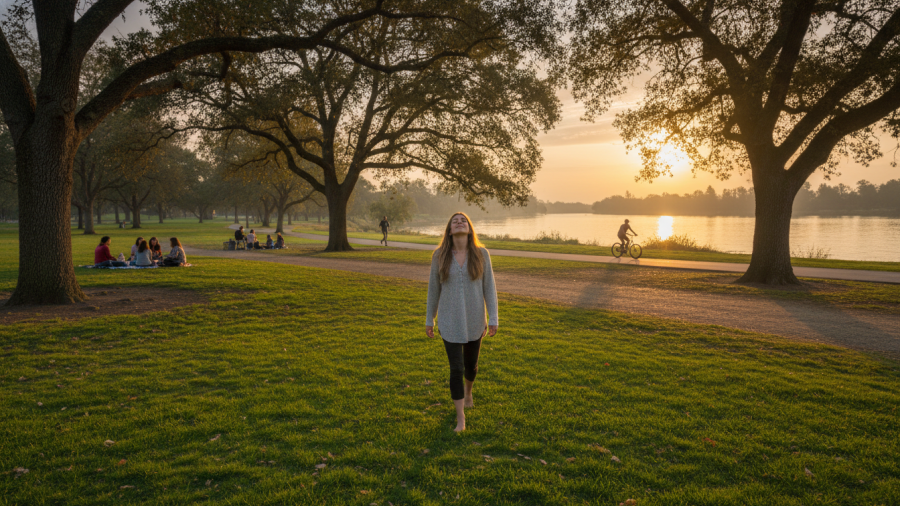 A person practices earthing in a Sacramento park at sunset, enjoying natural health.