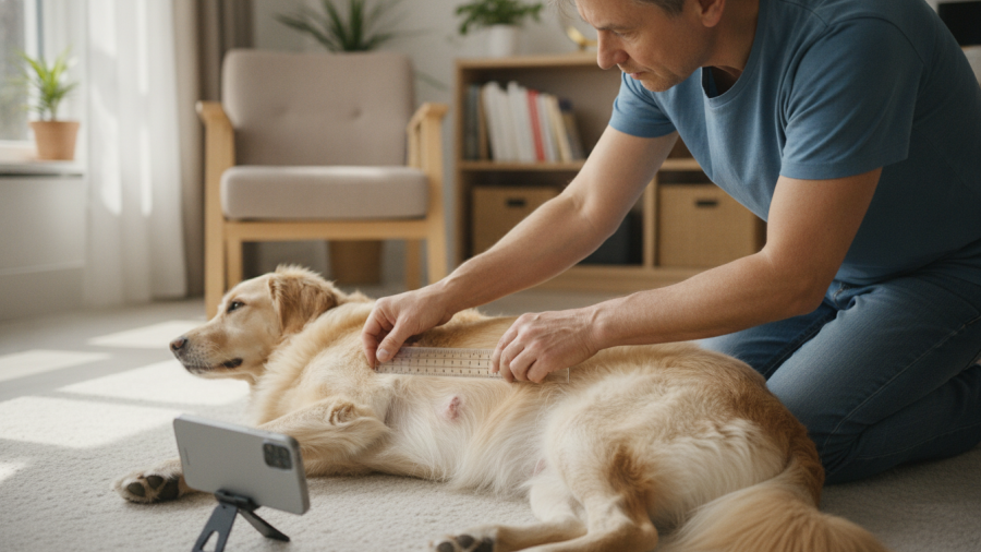Owner documenting a small dog lump, measuring for cyst or tumor comparison.