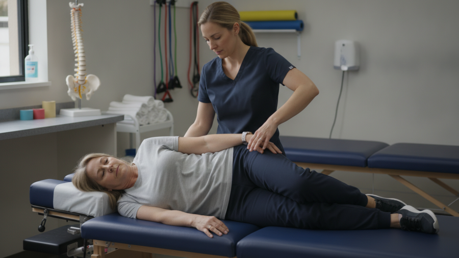 Chiropractor providing gentle lower back and hip treatment to a woman with sciatica symptoms