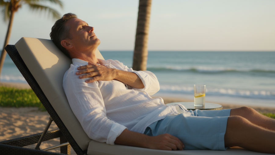 Relaxed man with no shoulder pain enjoying peaceful moments.