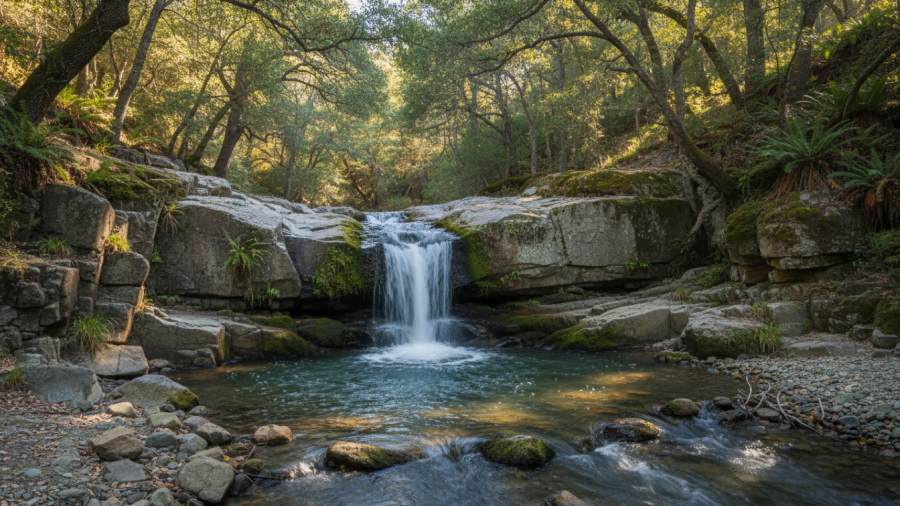 A serene view of Hidden Falls with gently flowing water and shaded oak trees.