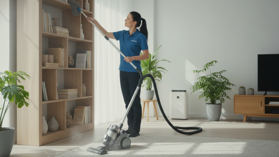 Professional cleaner dusts and vacuums to enhance indoor air quality.