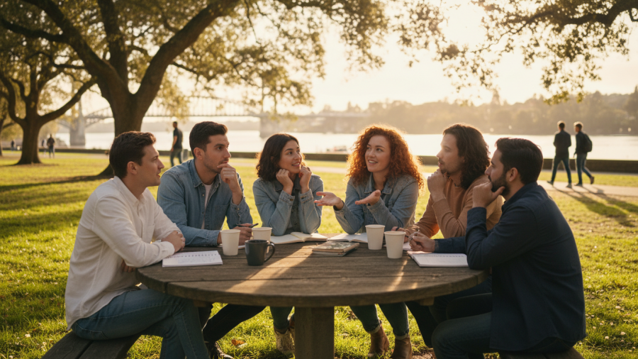 Friends at a park demonstrate the ventromedial prefrontal cortex's role in social psychology.