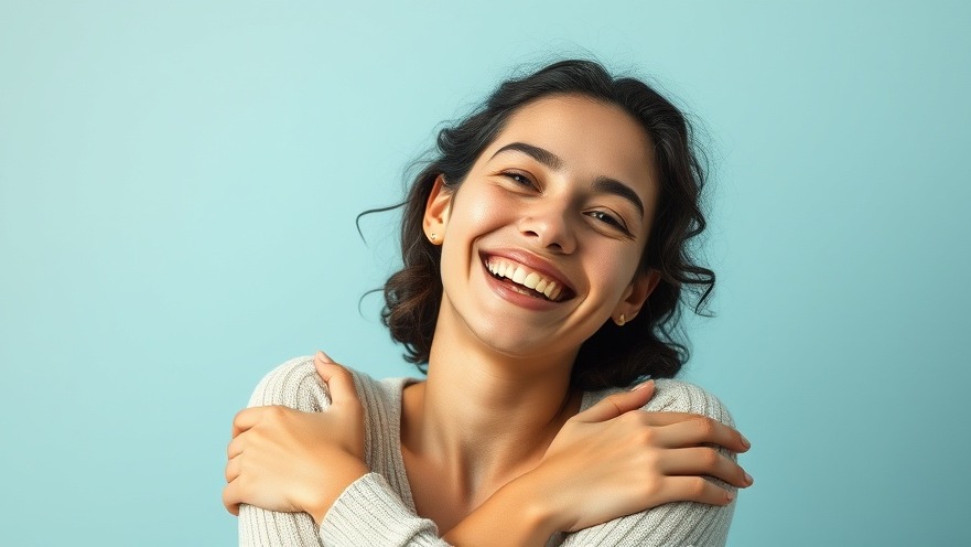 Joyful young woman embracing herself joyfully, Foster Authentic Self.