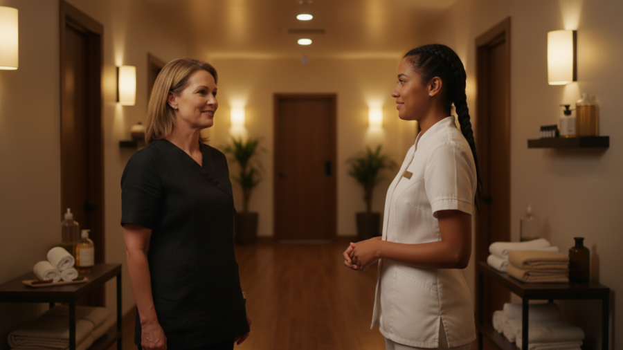 Spa owner supports therapist in a warm, illuminated treatment hallway.